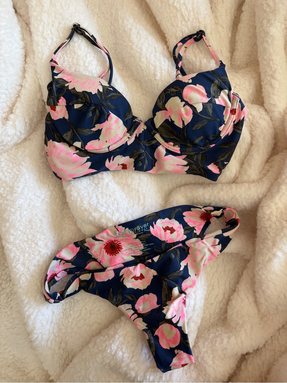 Tori Praver Swimwear Navy Bikini with Pink Floral Print